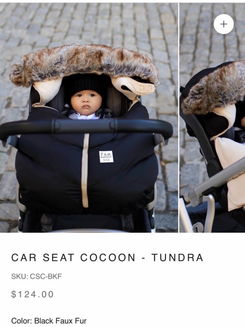 7am Enfant Black Car Seat Cocoon - Tundra Faux Fur